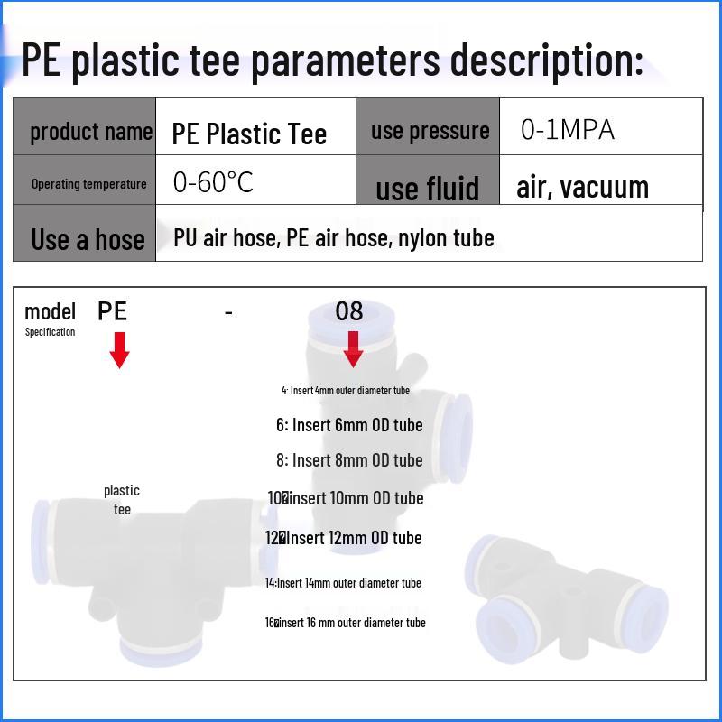 Pneumatic Plastic Quick Connector Y/T-type, Push-in Air Hose Fitting (PE: 4/6/8/10/12/14/16)