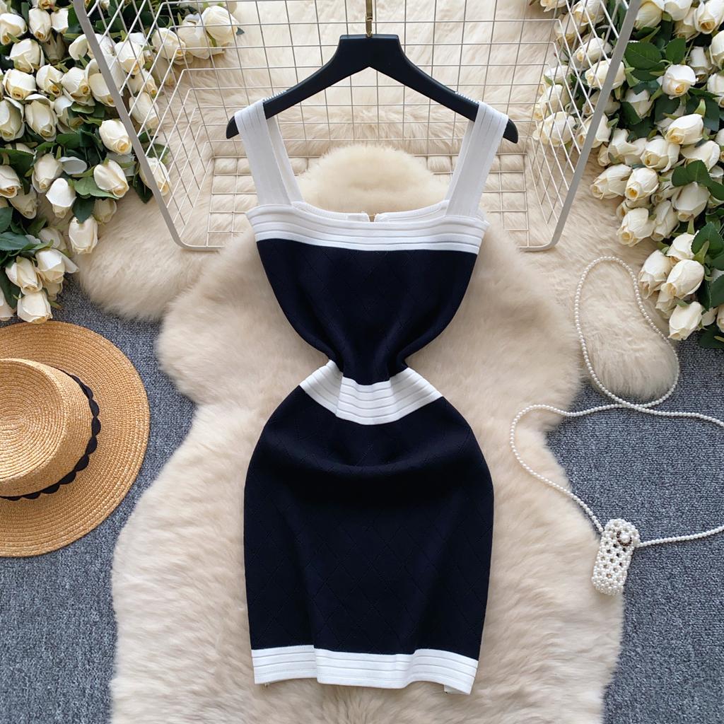 Senior Knitted Mini Dress Women Sleeveless Temperament Color Block Zipper Design Skinny Elastic Summer Basics Dresses