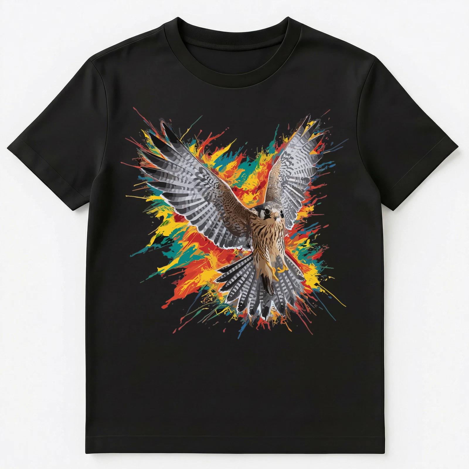 Colorful Paint Splash Flying Falcon Art Graphic Unisex T-Shirt L