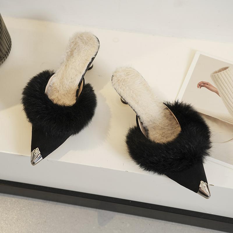 New Style Women's Warm Plush Pointed Toe High Heel Winter Mules Slipper Fashion Design Thin Heels Flip Flops Pumps Zapatos Mujer