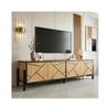 Meuble TV 153x40x50 cm pour TV 65 pouces 4 portes design géométrique grand rangement salon 6 pieds métal bois naturel noir chic