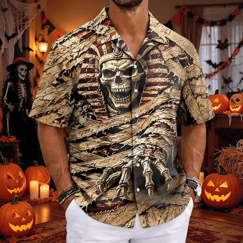 Camicia Casual da Uomo a Maniche Corte con Collo Cubano per Halloween, Vestibilità Larga
