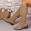 Fashion Pleated Boots Women Faux Suede Flock Knee High Boots 2025 Winter Women Fashion Slip on Square Low Heel Knight Booties Mujer