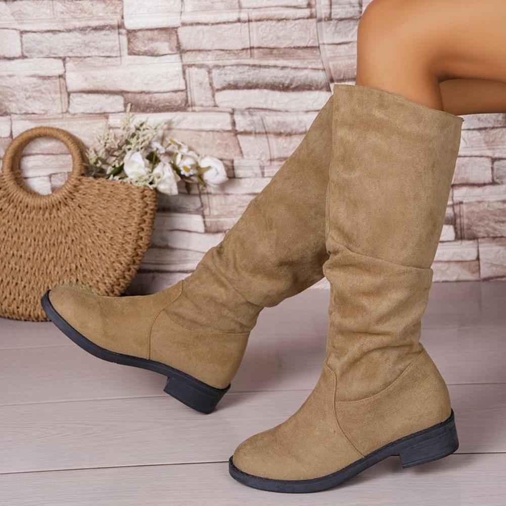 Fashion Pleated Boots Women Faux Suede Flock Knee High Boots 2025 Winter Women Fashion Slip on Square Low Heel Knight Booties Mujer