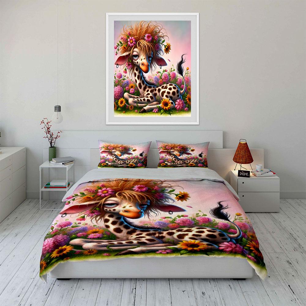 Lazy Giraffe Adorned With Flowers Duvet Cover Set With 3D Printing Design Soft Polyester Bedding Set All-Season Comfort
