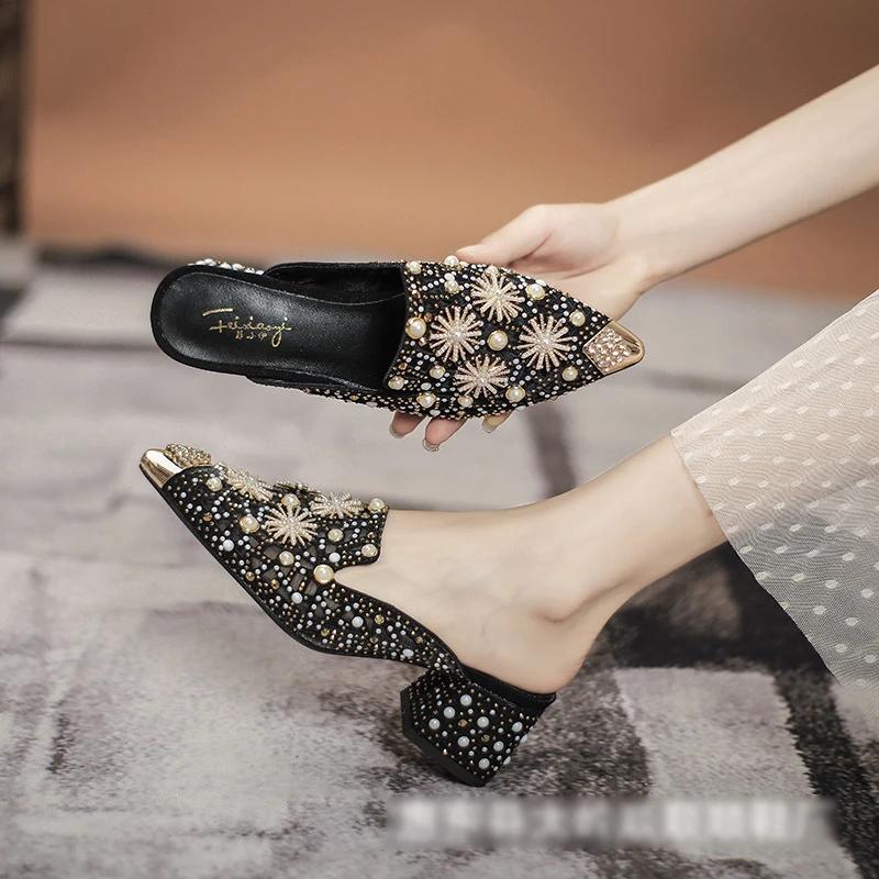 Summer Women Shoes High Heels Sandals Pointed Toe Bling Pearl Rhinestone Slipper Girl Street Trend Pumps