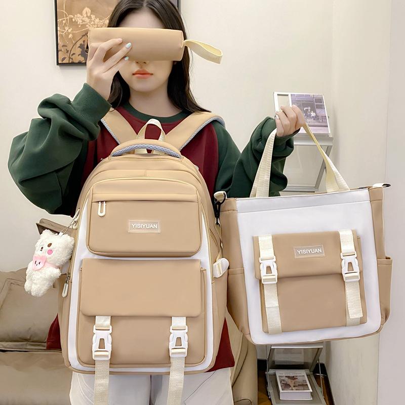 School bag large capacity lightweight junior high school student school bag women's new high value three-piece set backpack contrasting color