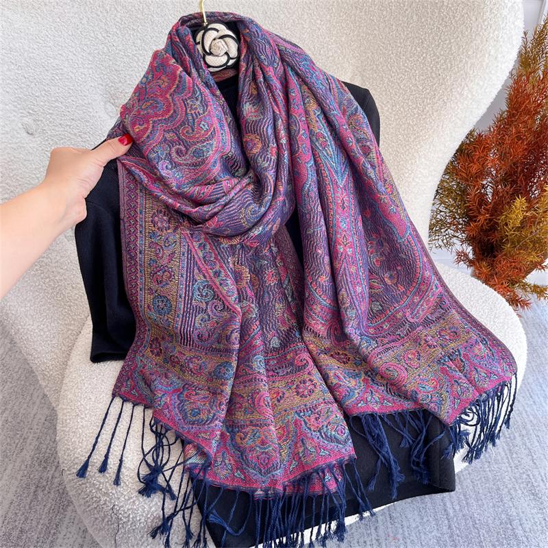 Thicken Embroidery Cashmere Winter Scarves Women Pareo Cape Warm Muslim Shawl Chunky Headscarf Wrap Ladies Elegant Poncho Turban