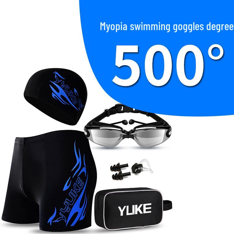Men's Plus Size Swim Trunks with Flat Leg and Swim Gear Set (Includes Goggles and Cap)