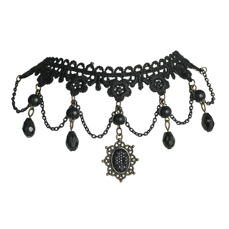 Vintage Lace Necklace Female, Personalized Exaggerated Black Crystal Collarbone Chain Lace Necklace Collar