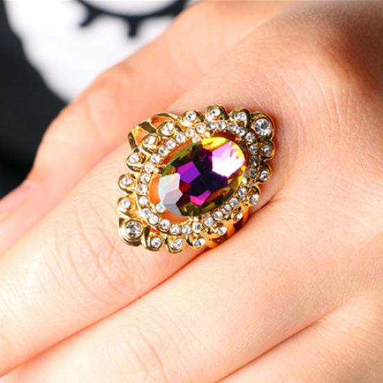 Women Rainbow Color Big Ellipse Glass Rhinestone Hollow Party Ring Gift Jewelry