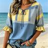 Women's Striped Polka Dot Color Block Blouse, Tie Neck Ruffled Half Sleeve Top, Loose Casual Wear for Spring Summer