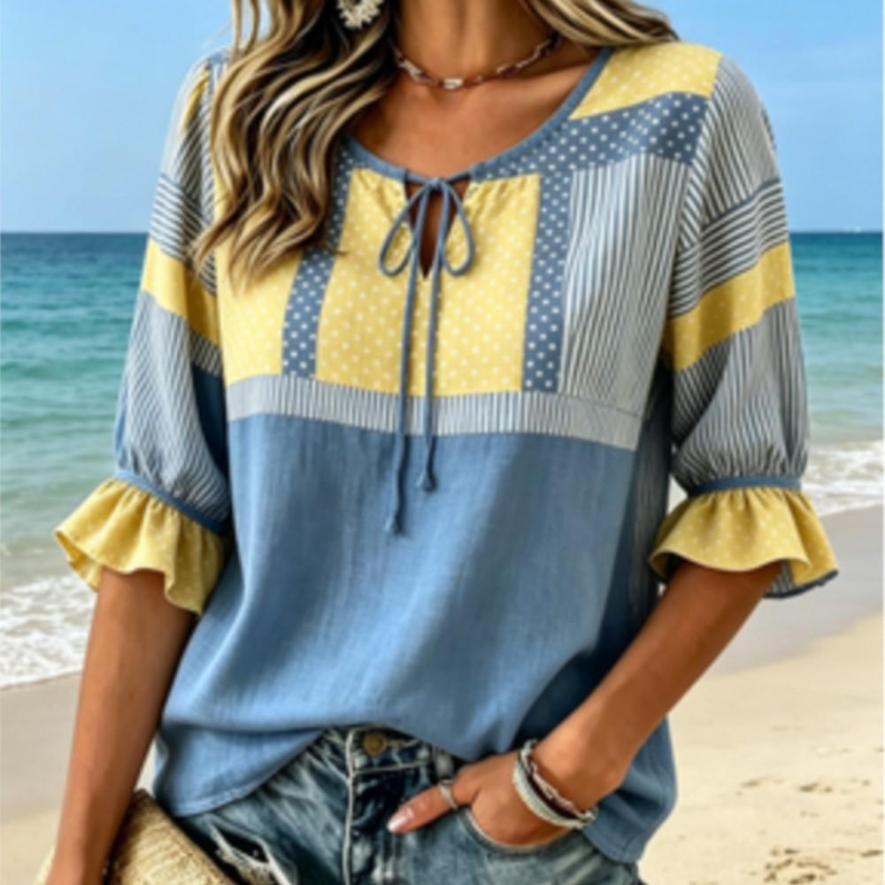 Women's Striped Polka Dot Color Block Blouse, Tie Neck Ruffled Half Sleeve Top, Loose Casual Wear for Spring Summer