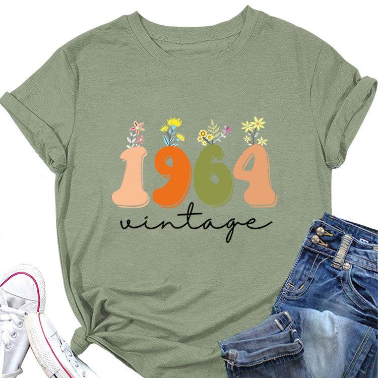 Casual Loose short sleeve Tshirt 1964 vintage printed Summer Ladies O neck fashion top