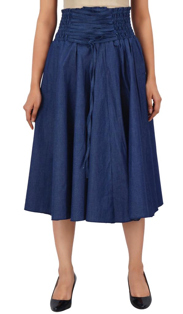 Bimba Navy Blue High Waist Denim Skirt a-line Smocked Waist Designer Chic