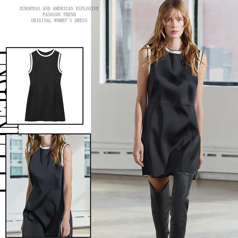2024 Autumn/Winter Women's High-Waist Color-Block Silk Satin Sleeveless Mini Dress