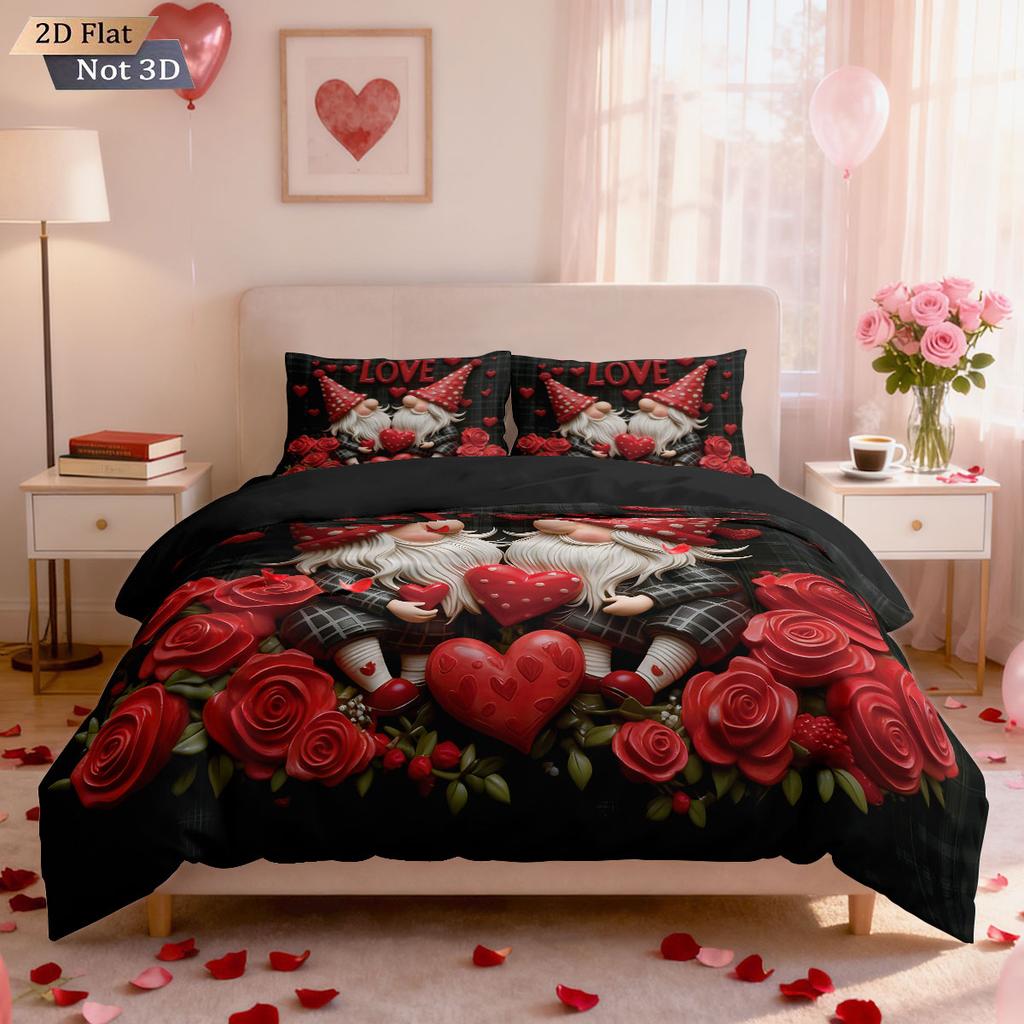 3-teiliges Romantisches Valentinstag Rote Rose Goblin-Druck kernloses Bettbezug-Set Mehrere Größen Schlafzimmer-Bettwäsche Feiertagsdekoration