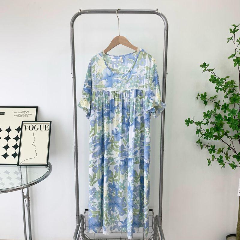 Thin Homewear Women's Summer Nightdress Can Be Outerwear Short-Sleeved Summer Cotton Silk Pajamas Ladies Loose Plus Size Lace Skirt