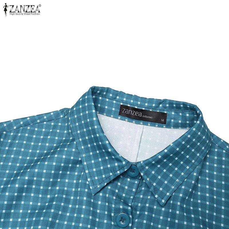 ZANZEA Women Casual Turn Down Collar Long Sleeve Grid Print A-Line Dress