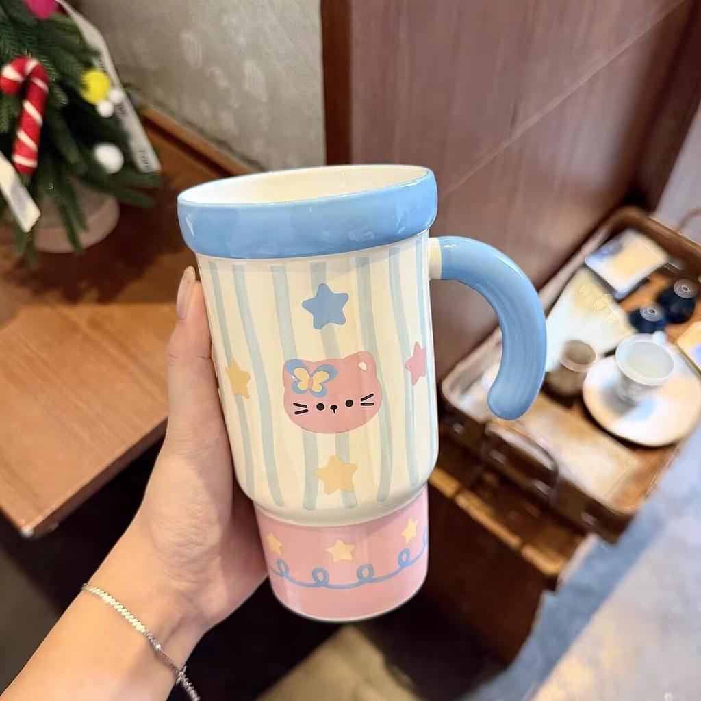 Straw Cup with Lid High Value Ins Mug Couple Ceramic Water Cup Large Capacity Birthday Gift for Girls