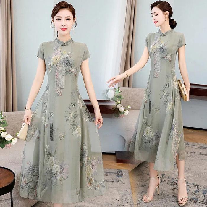 Verbessertes Cheongsam-Kleid Damen Sommer Slim-Fit Qi-Taschenrock Neuer chinesischer Stil Kurzärmelrock Sommer
