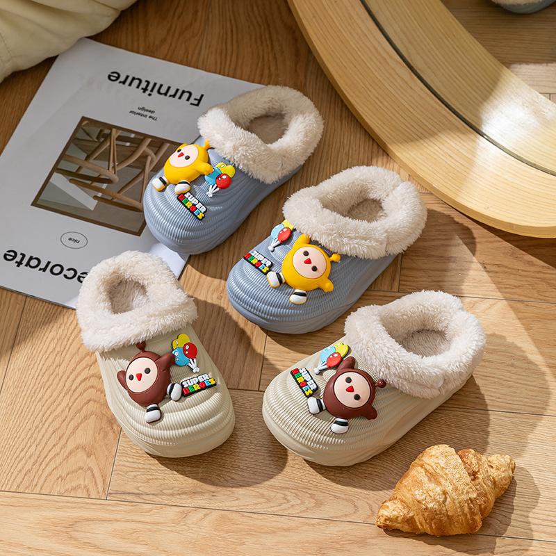 EVA Kids' Winter Cotton Slippers: Velvet-Lined, Non-Slip, Cute Cartoon Design, Removable, Parent-Child Match, for Boys and Girls
