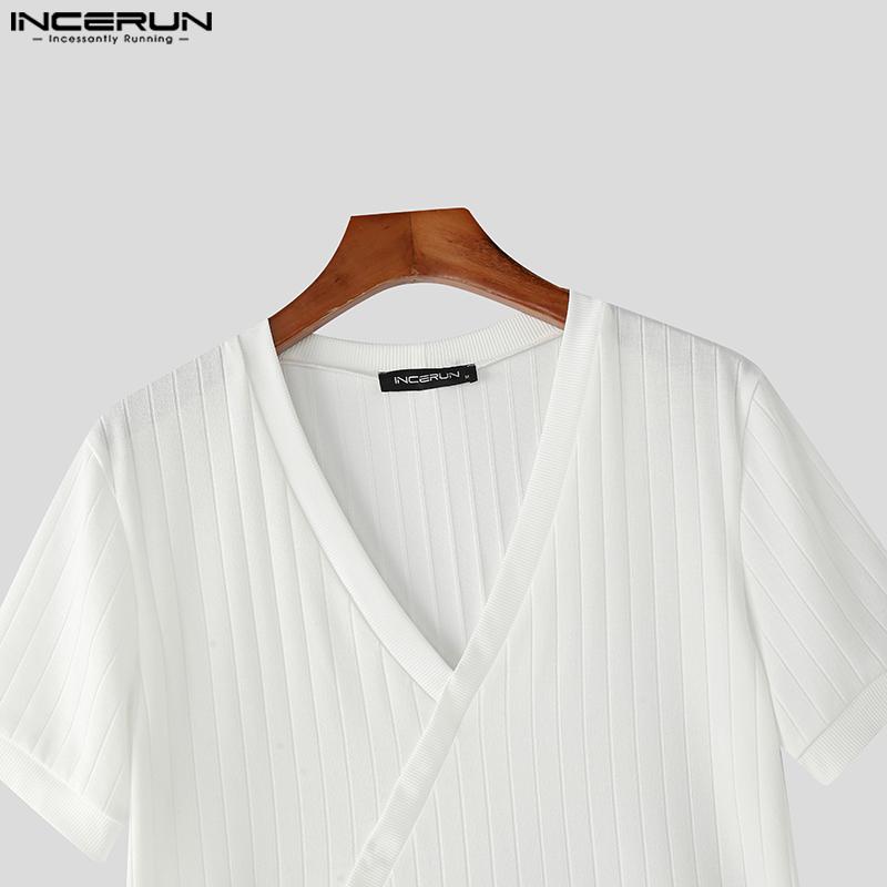 INCERUN Men V Neck Short Sleeve Solid Color Casual Fitted Rib T-shirts