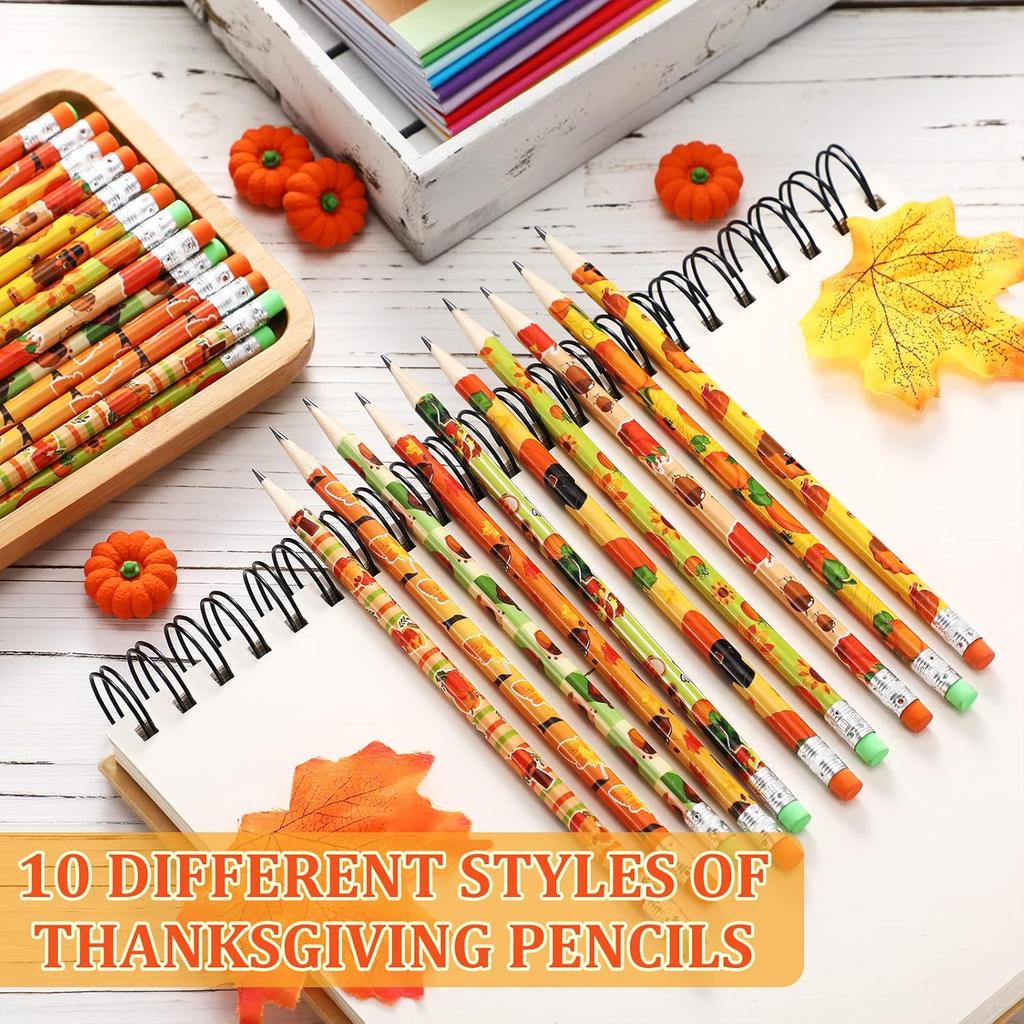 Crtiin 50 Pcs Fall Pencil Thanksgiving Assortment Wood Pencils Autumn Cylinder Funny Pencils Maple Leaf Turkey Pumpkin Decorative Pens for Kids
