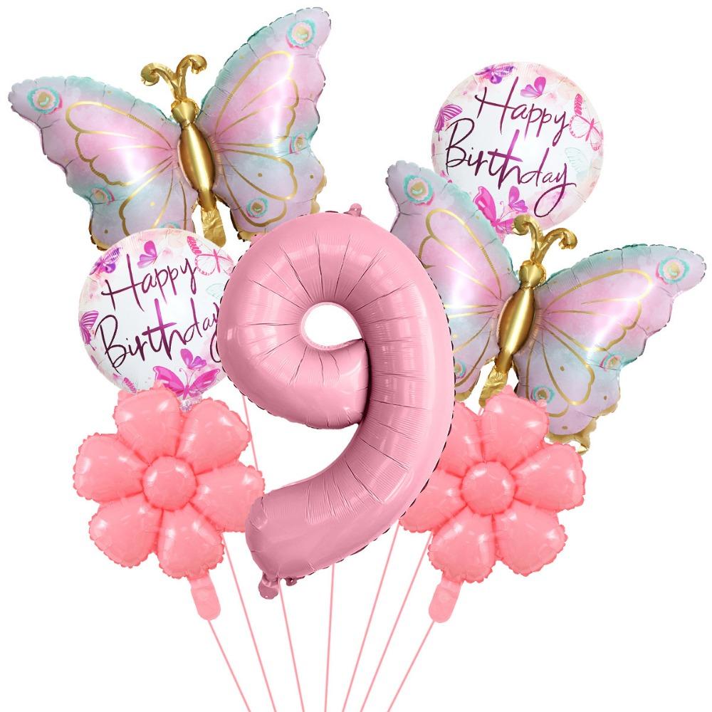 Palloncini Numerici Farfalle Rosa Materiale Foil Palloncini Fiore Happy Birthday 1-9 Palloncini Foil Forniture per Feste di Compleanno