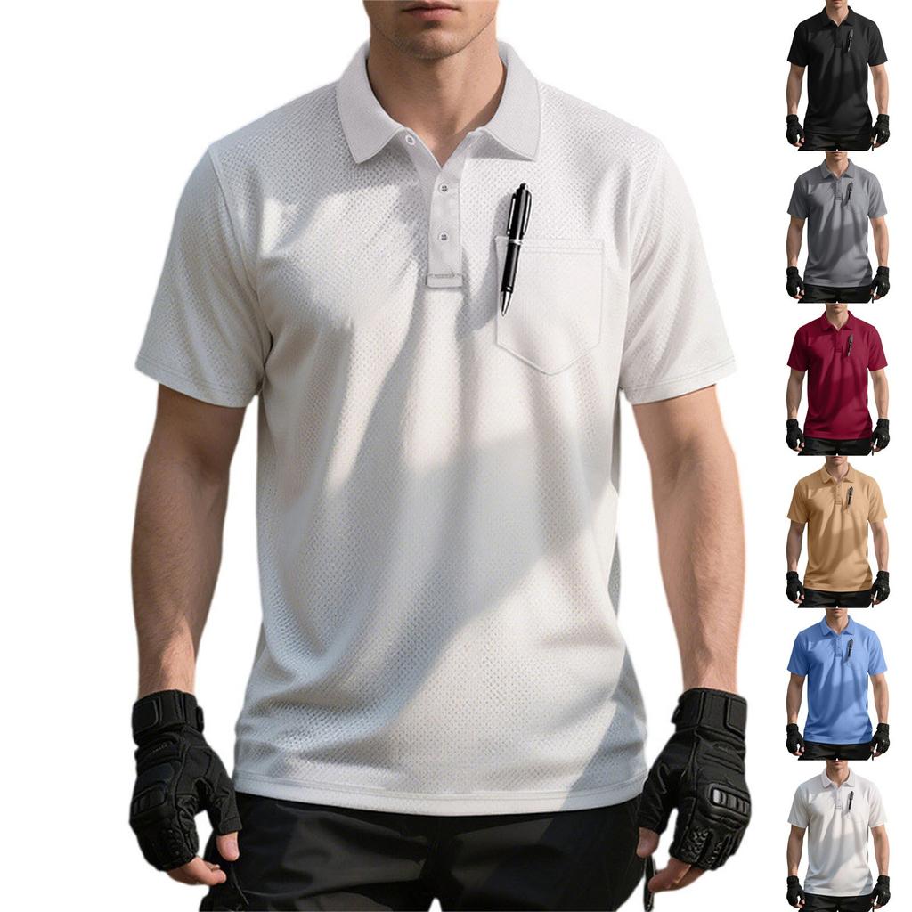 Men's Solid-color Classic Lapel Short-sleeved Sporty Casual Shirt Top