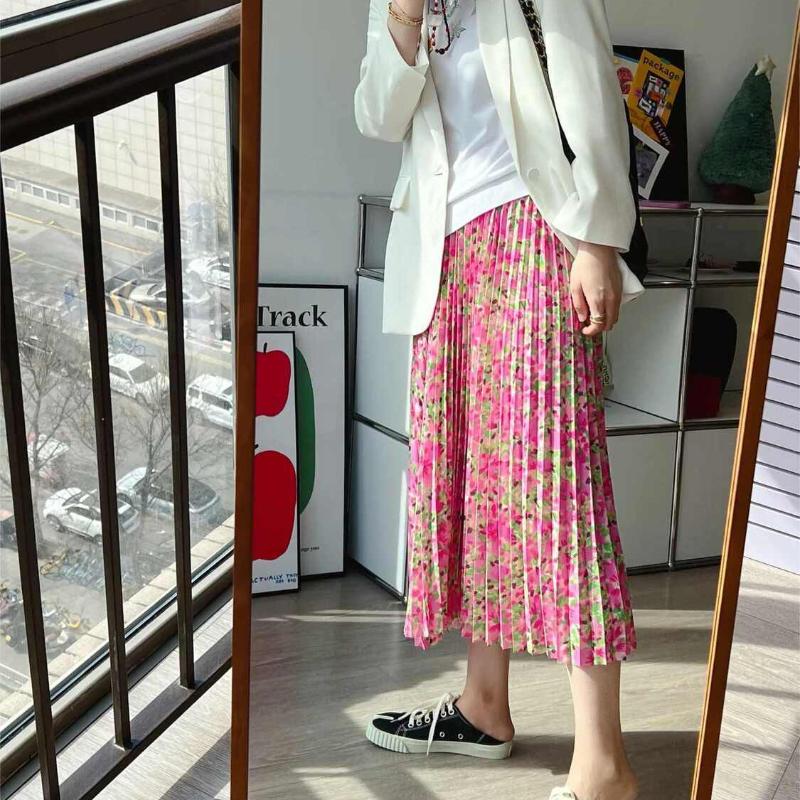 Women's Summer Sweet Peach Pink Midi Skirt - Flowy Smooth Floral Pleated A-Line Skirt with Elastic High Waist