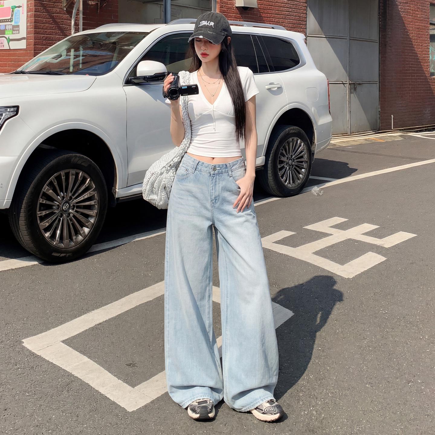 

Women s Light Blue Washed High-Waisted Ripped Wide-Leg Jeans, Spring 2026 Collection – Loose Floor-Length Fit Small