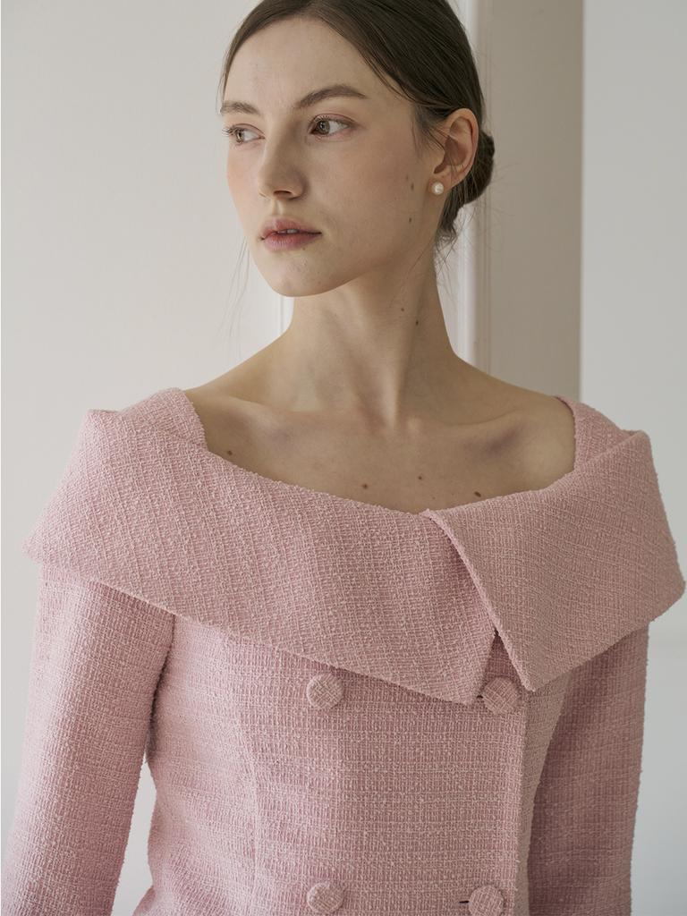 Peulomdeimomeonteu Merry Tweed Off-Shoulder Jacket & Skirt Setup_Pink