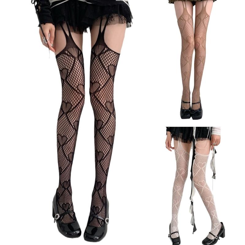 Women Sexy Hollow Out Fishnet Garter Belt Pantyhose Gothic Heart Patterned Sheer Thigh Highs Stockings Suspender Tights