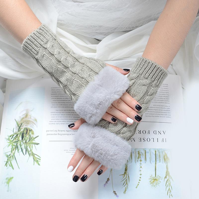 Winter Women Gloves Plush Faux Fur Knitting Wool Keep Warm Mitten Fingerless Lady Girl Half Finger Gloves Christmas Gift