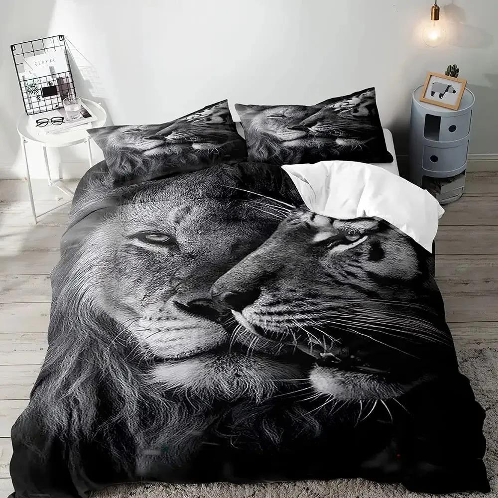 Lion Duvet Cover Set KingAfrican Safari Animal Black Bedding SetCouples Comforter CoverQuilt CoverRomantic Lion Couple Gifts