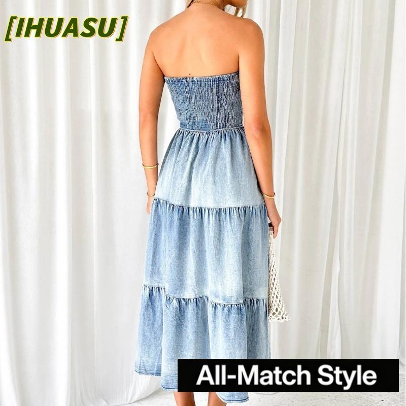 IHUASU Fashion Summer Spring Solid Color Print Sleeveless Casual Dresses