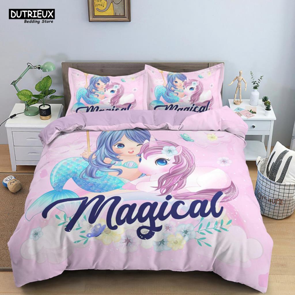 Cartoon Blue Mermaid Duvet Cover Beautiful Girl With Unicorn Bed Cover Single Double Queen King Twin Size Bedding Set For Kids