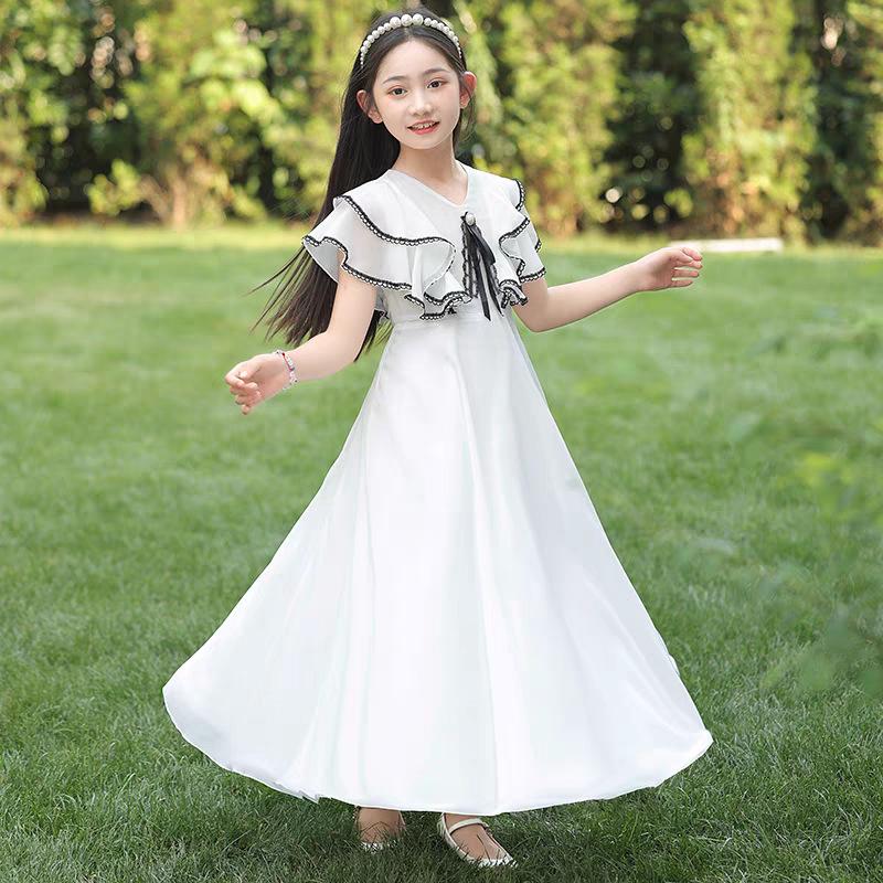 Girls Beach Summer Princess Dress Short Sleeve Solid Color