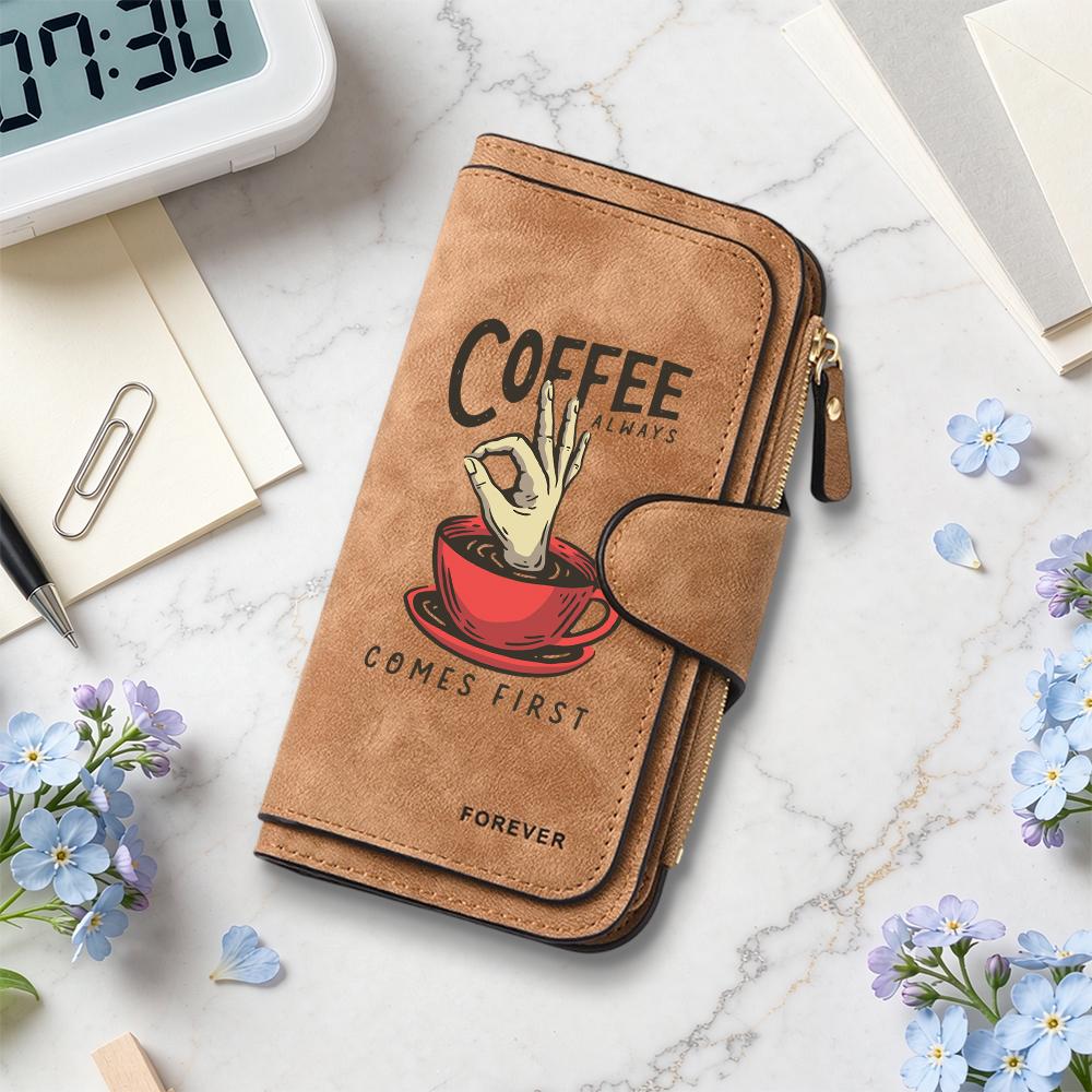Coffee Pattern Long Wallet Portable Stylish Card Case Casual Daily Coin Purse