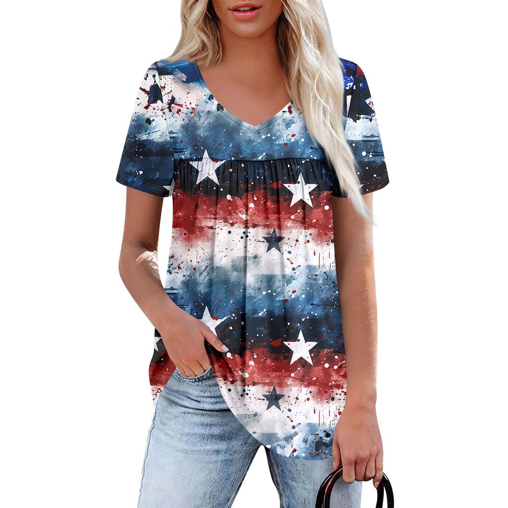 Women's Casual V-Neck Short Sleeve Chest Ruffle Printed Top