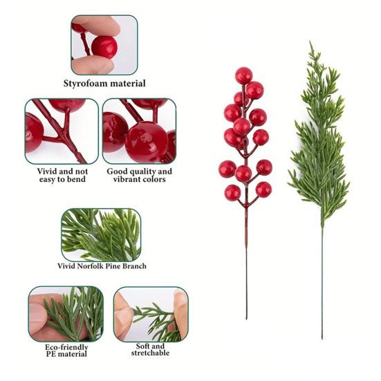 50 Pcs Christmas Artificial Picks Fake Greenery Pine Branches Faux Red Berry Stems for DIY Christmas Garland Wreath Flower Arrangement Decoration