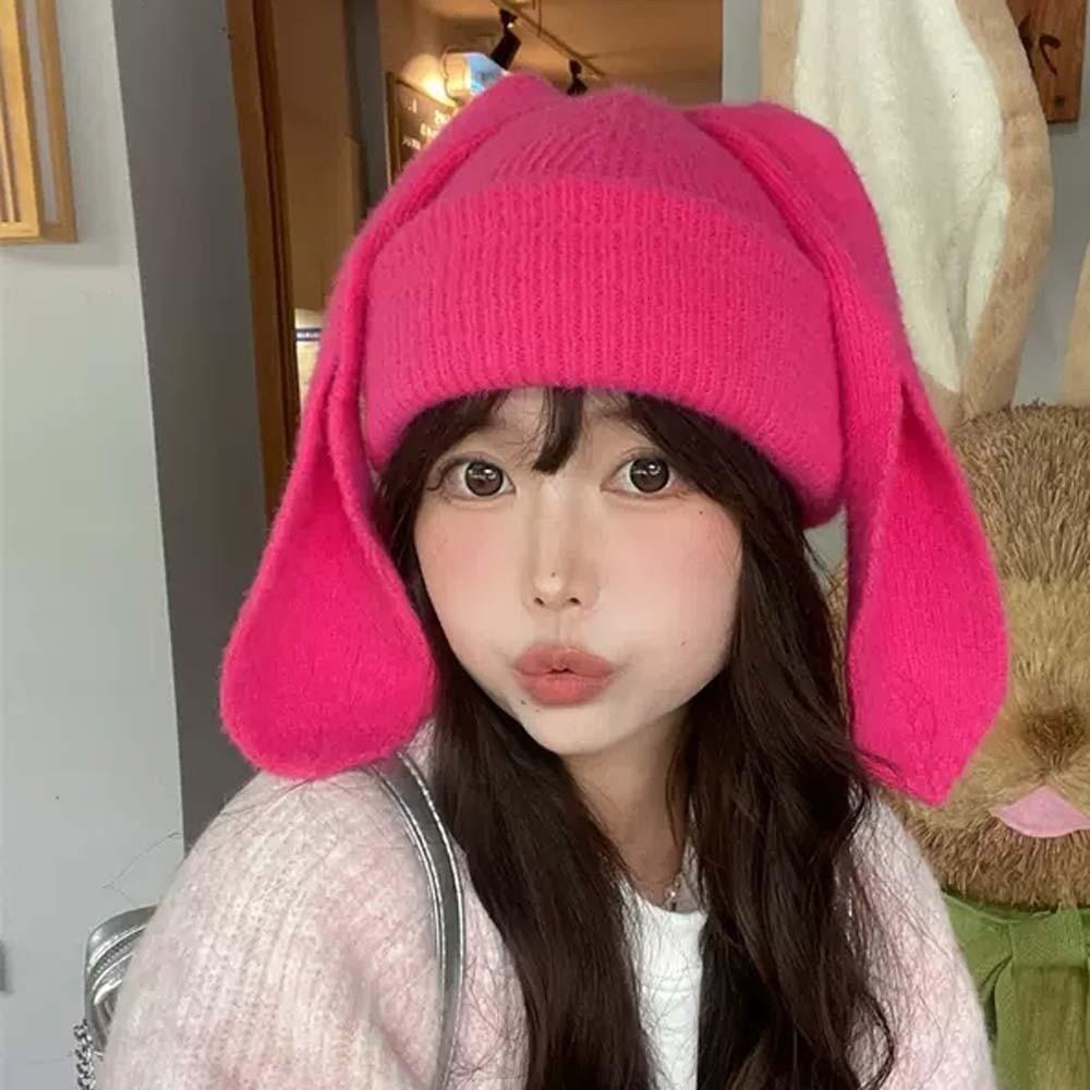 Elastic Rabbit Ears Cap Trendy Solid Color Knitted Hat Versatile Brimless Beanie Hat Outdoor