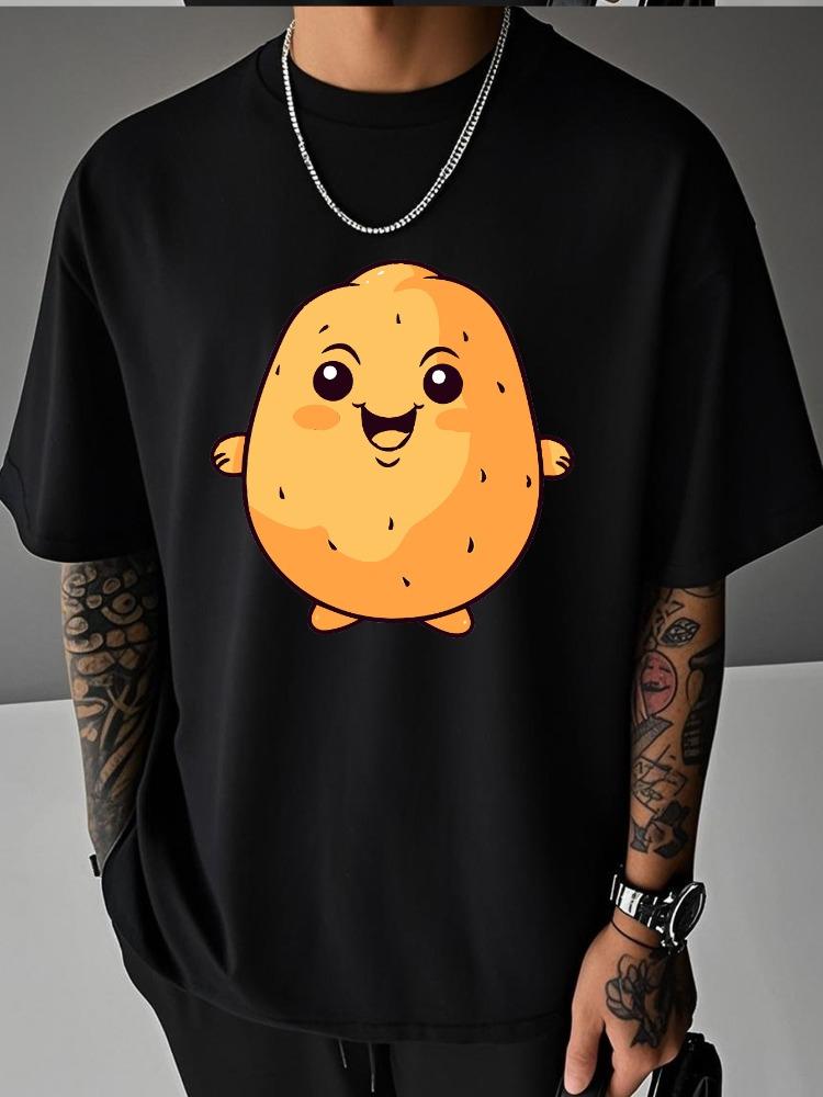 Unisex Summer White Short Sleeve Tee Cute Smiling Cartoon Potato Character Graphic Print Crew Neck Loose Casual Male Daily Tops
