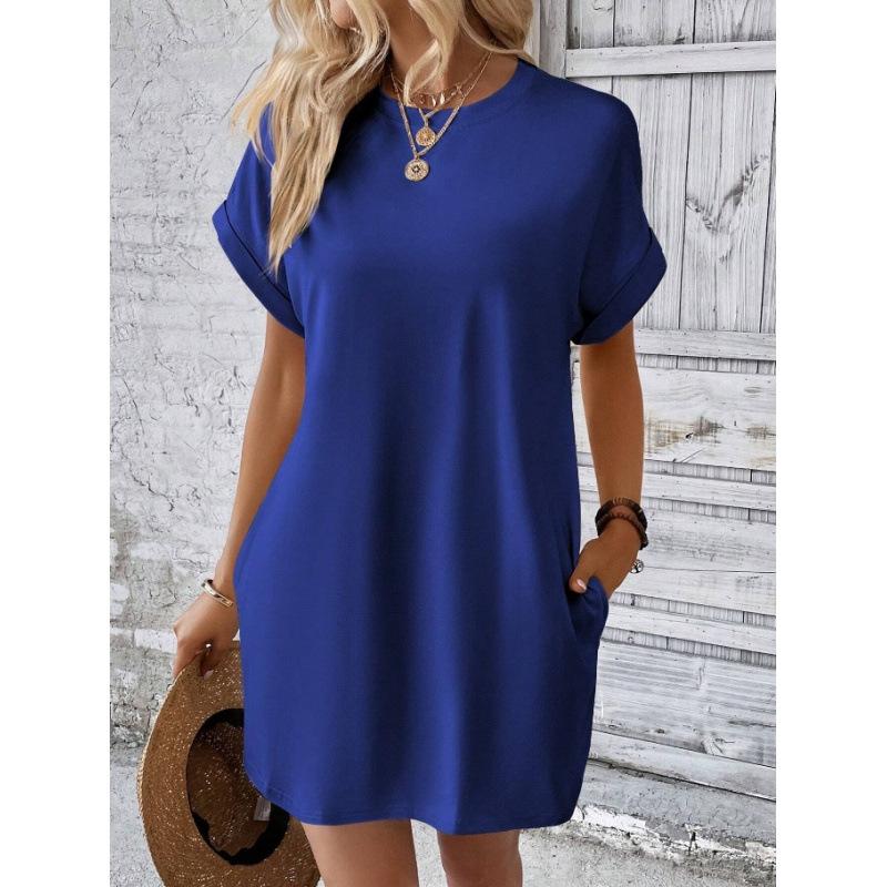 Women's Spring and Summer New Solid Color Round Neck Loose Short-sleeved Pocket Dress
