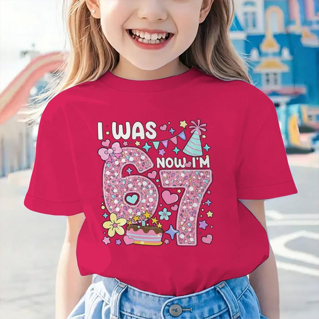 Girls I Was 6 Now I'm 7 T-shirt 7th Birthday Shirt Round Neck Short Sleeve Cotton Tee Age 7 Outfit Number Print Girls Clothes