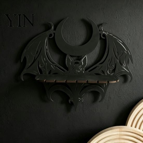 Gothic Style Storage Bat Wall Shelf, Mount Wooden & Moon Rack, Creative Wing Display Stand Floating Shelf for Bedroom Living Room Halloween