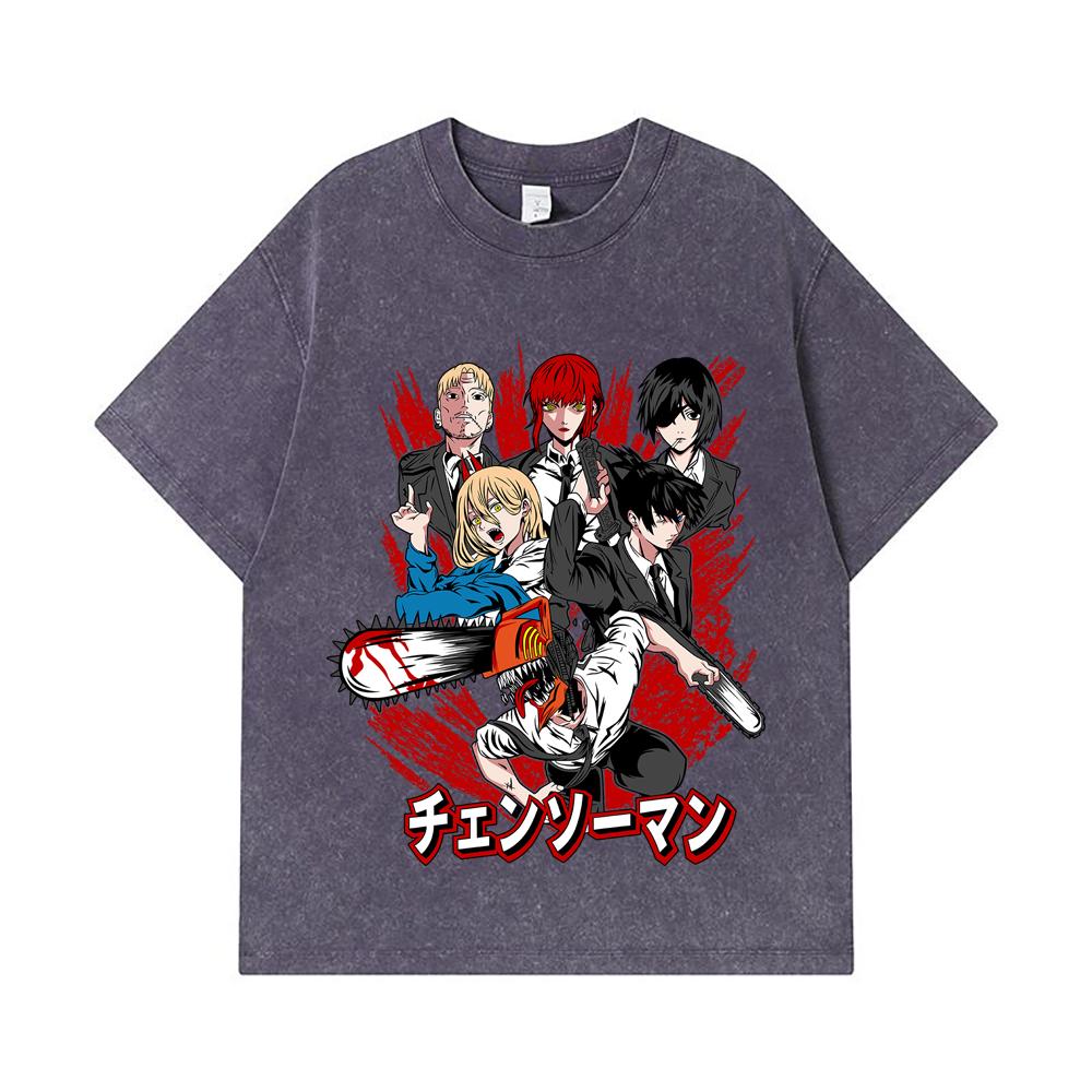275 GSM Washed T-shirts 100% Cotton Chainsaw Man V19 Print Unisex Heavy Cotton T Shirt