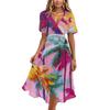 Women V Neck Short Sleeve Casual Dress Hawaiian Print Midi Dress Summer Beach Dress with Elastic Waist and Flared Skirt
