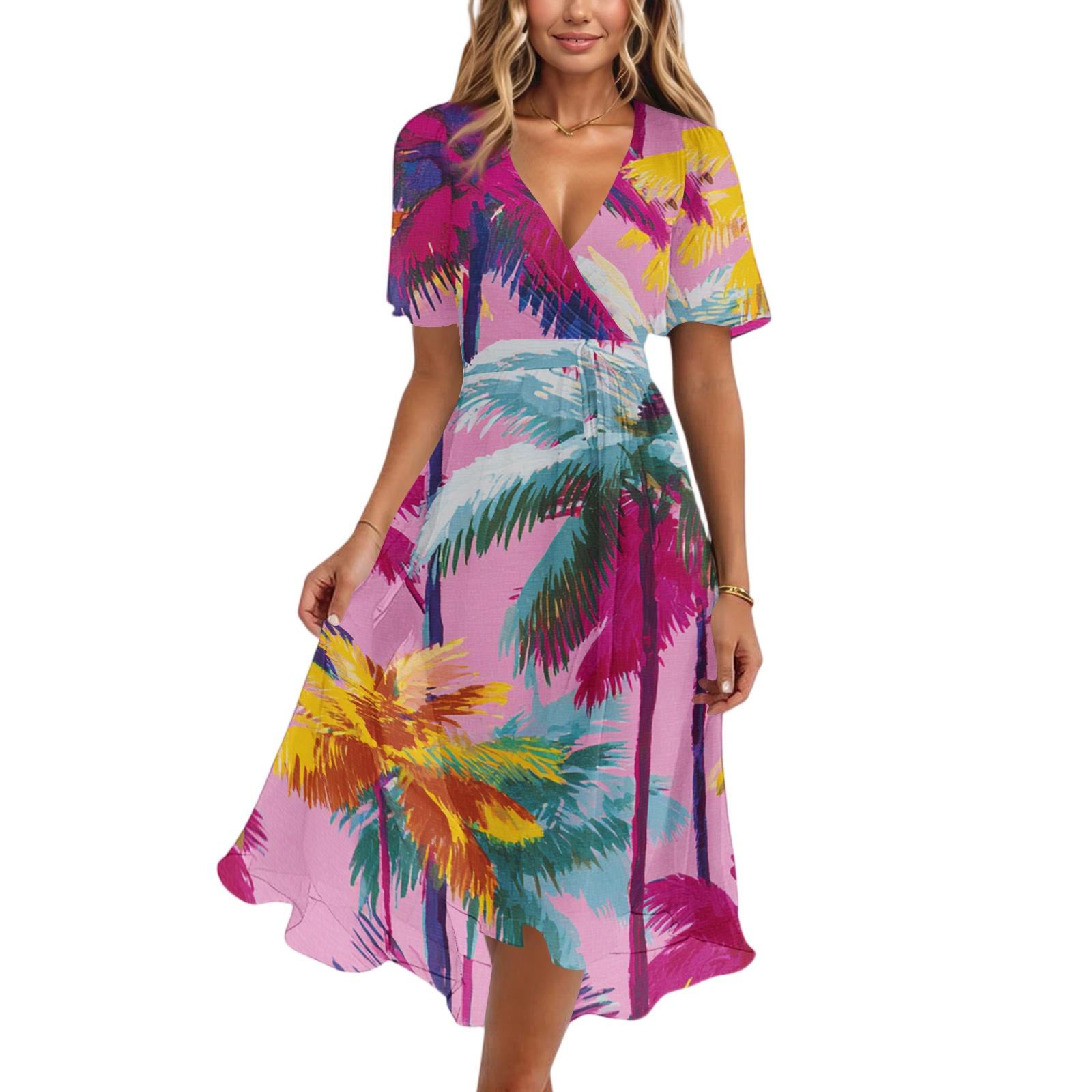 

Women V Neck Short Sleeve Casual Dress Hawaiian Print Midi Dress Summer Beach Dress with Elastic Waist and Flared Skirt XL рожевий